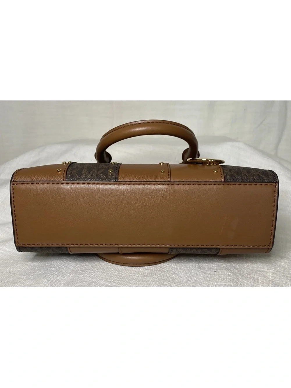 Michael Kors Tan and Brown Logo Stripe Satchel